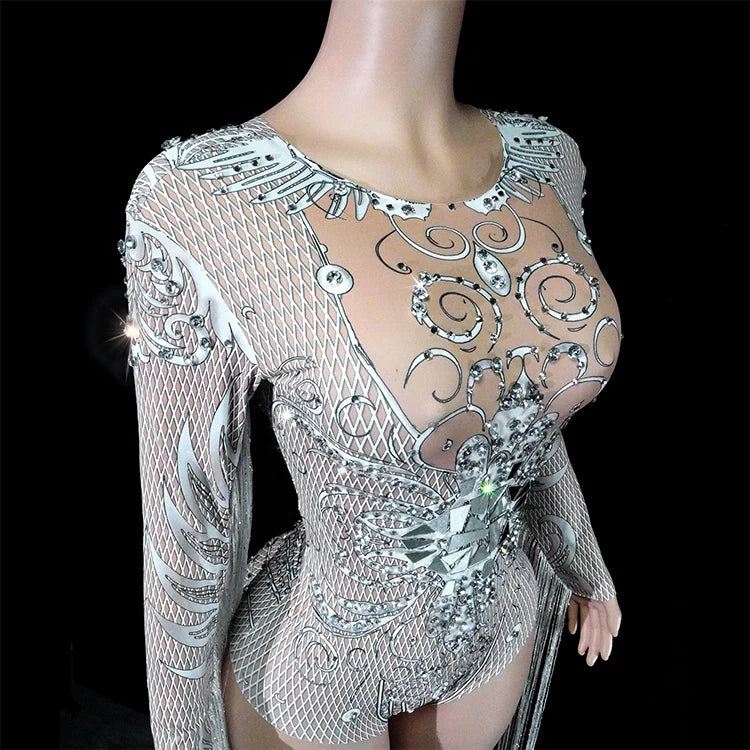 Leotard Blanco Flecos Espejo