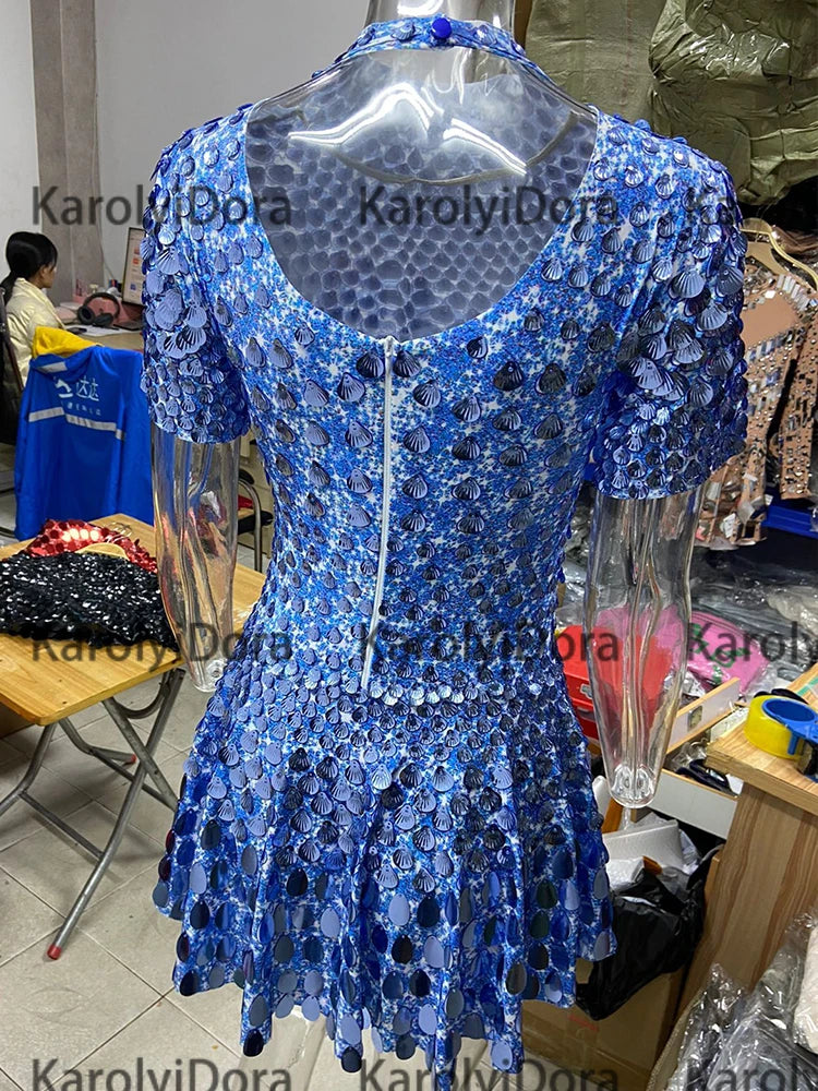 Mini Dress Lentejuelas Azul Lago