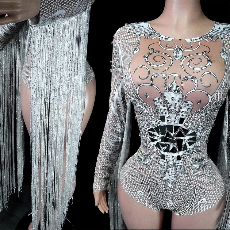 Leotard Blanco Flecos Espejo