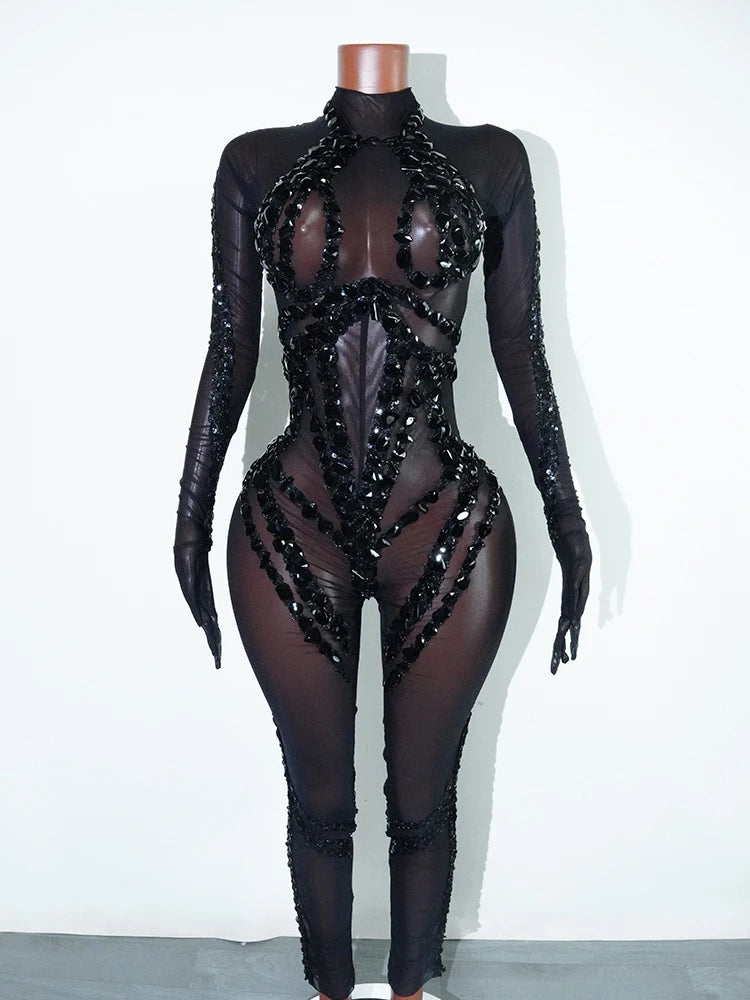 Jumpsuit Malla Cristales Negro