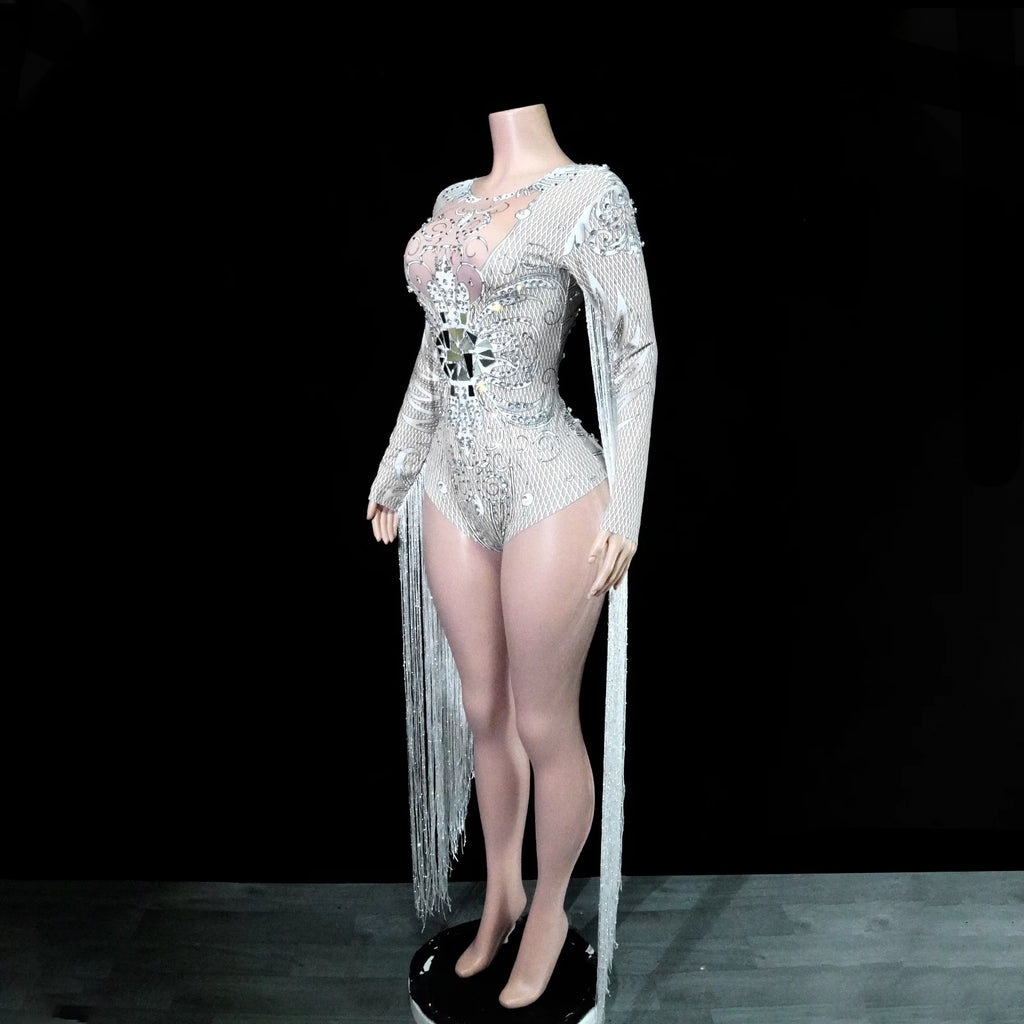 Leotard Blanco Flecos Espejo